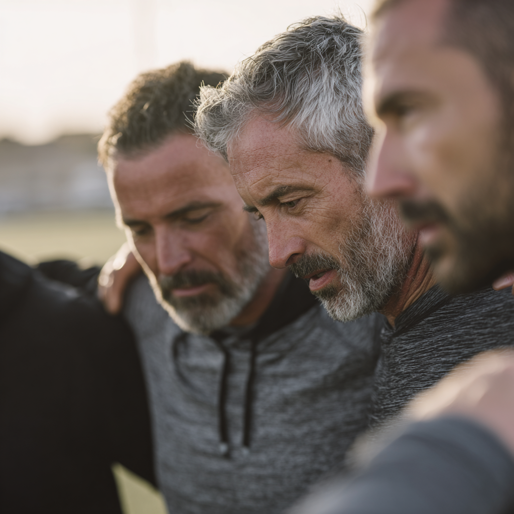 Group of middle-aged men supporting each other during outdoor training session
