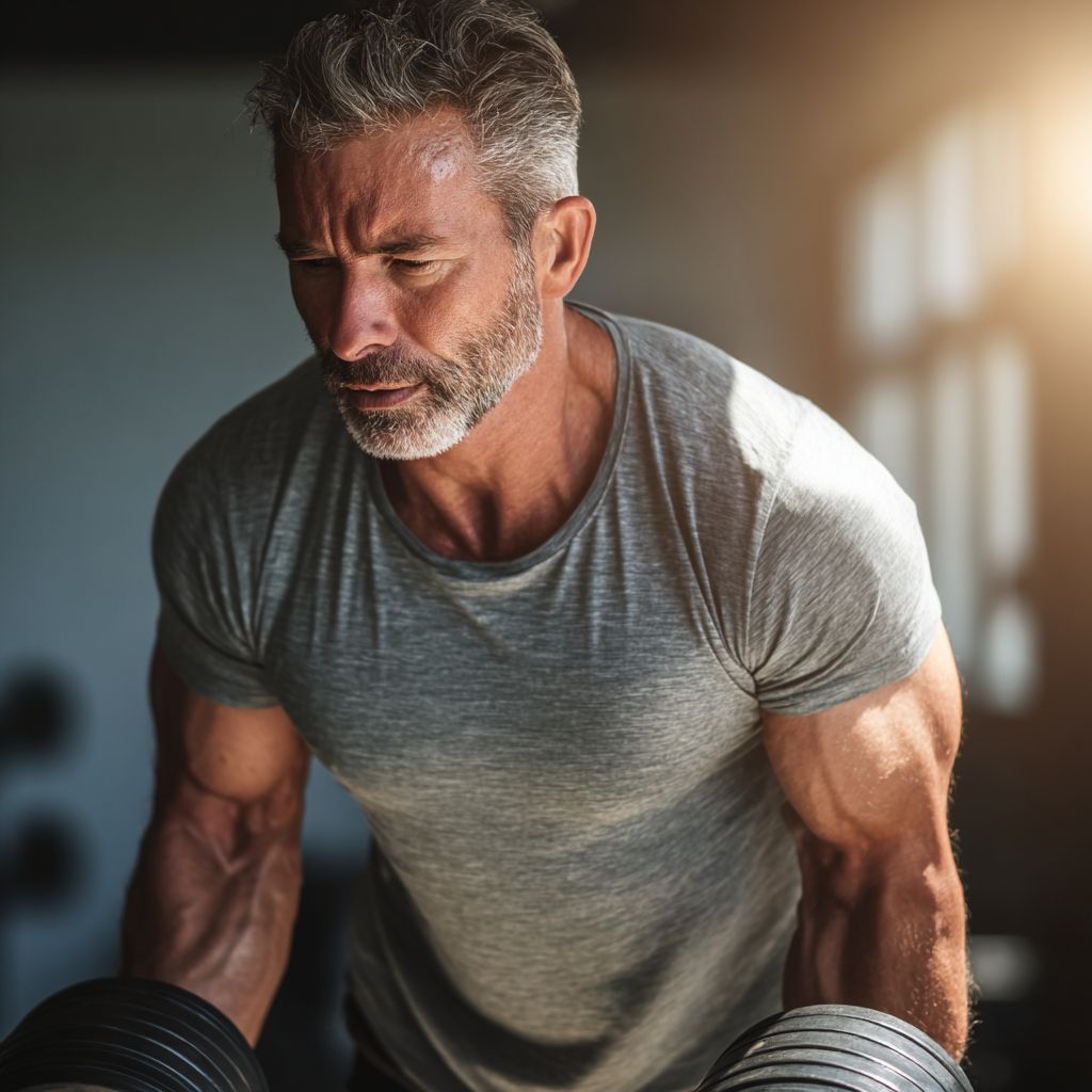 Middle-aged man focused on strength training in natural lighting